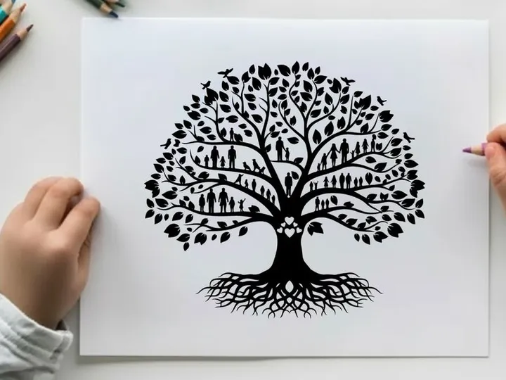 Silhouette of a tree with people and roots silhouette