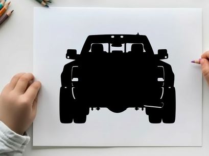 Silhouette of a black pickup truck facing forward on white background