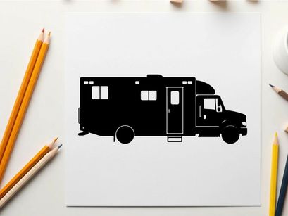 Silhouette of a large recreational vehicle or motorhome against a white background