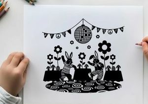 Groovy silhouette of bunnies dancing under disco ball silhouette