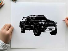 Silhouette of a modern pickup truck with roof rack and bull bar silhouette