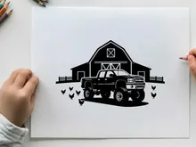 Silhouette of a pickup truck in front of a barn with chickens