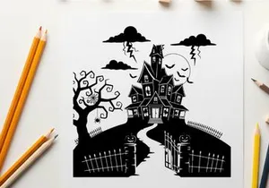 A silhouette of a spooky haunted house on a hill with clouds and bats