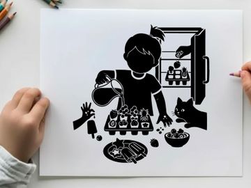 Silhouette of a child preparing food with a cat and hand preview picture