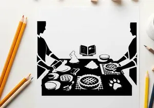 Silhouette of two people making pizzas at a table