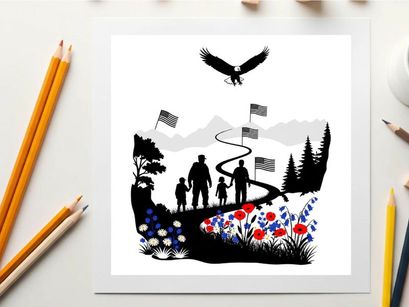 Family silhouette walking on a path with flags and eagle silhouette