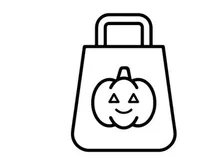 Wajah labu Halloween di tas belanja. Tote jack-o-lantern lucu untuk promosi ritel yang meriah.