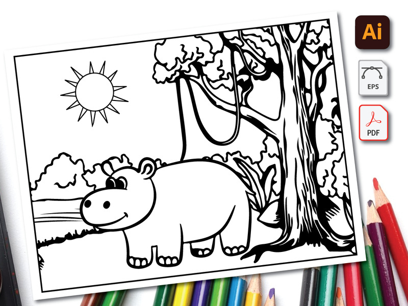 Hippopotamus Coloring Book Line Art Design