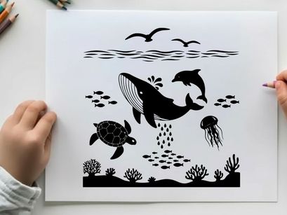 Underwater scene with silhouette of whale and sea creatures