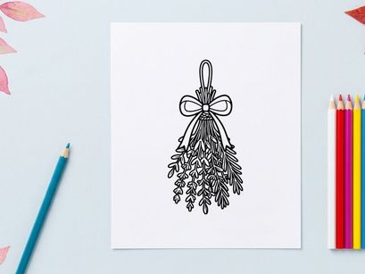 Hand-drawn mistletoe sprig with decorative bow for holiday decor. Elegant botanical illustration of winter greenery and festive ribbon design.
