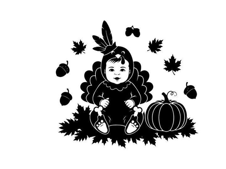 Native american child silhouette in autumn leaves and pumpkin