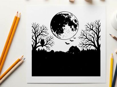 Silhouette of a spooky halloween night with full moon and bats flying
