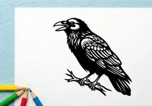 Detailed black and white illustration of a hawk with intricate feather patterns
