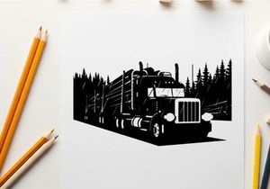 Logging truck silhouette driving on forest road with tree logs
