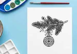 Hand drawn Christmas bauble hanging from a pine branch sketch illustration.