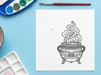 Caldeirão de bruxa com vapor mágico. Ilustração de pote de poção de Halloween para página de colorir.