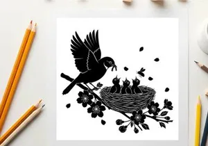 Silhouette of a bird feeding its chicks in a nest with berries
