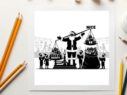 Santa claus weighing presents in silhouette style on christmas