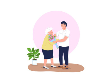 Grandson giving grandmother flowers flat color vector detailed characters preview picture