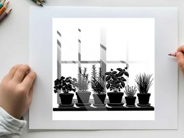 Silhouette of plants on a shelf in front of a window preview picture