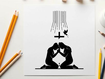 Silhouette of two people kneeling in prayer with cross silhouette