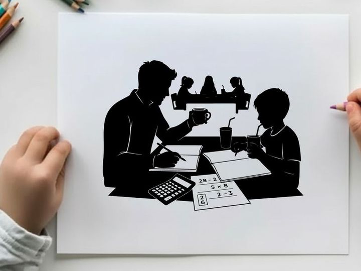 Silhouette of a man and a child studying together at a table