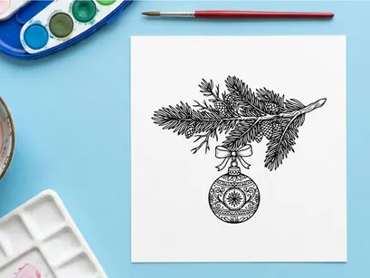 Hand drawn Christmas bauble hanging from a pine branch sketch illustration.