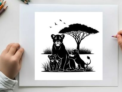 Lioness and cubs silhouette in savannah landscape with acacia tree