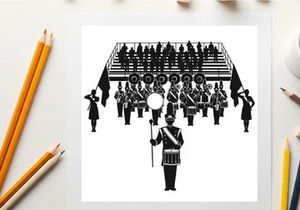 Silhouette of a marching band performing on bleachers with drum major leading