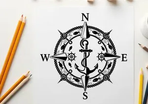 Nautical compass rose with anchor silhouette