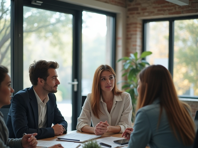 A diverse group of professionals meet around a table.