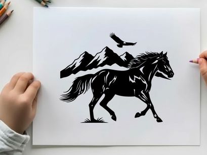 Silhouette of a horse running with mountains and bird