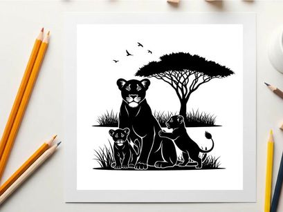 Lioness and cubs silhouette in savannah landscape with acacia tree