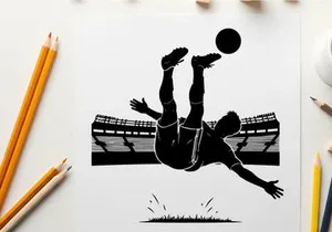 Soccer player silhouette kicking ball in mid air overhead
