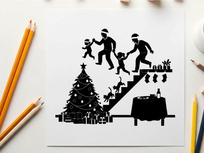 Christmas silhouette of family running up stairs to see gifts