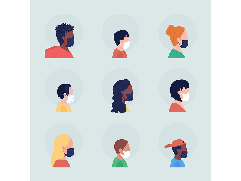 Different people in mask flat color vector character avatar with mask set