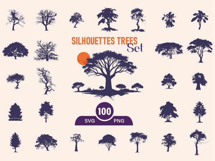 Silhouettes Trees Set, Pine Tree fir pruce cedar white patch alder elm birch ash cypress beech palm tree.