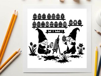 Gnomes painting easter eggs in a garden silhouette scene