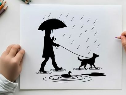 Silhouette of person walking dog on rainy day with umbrella