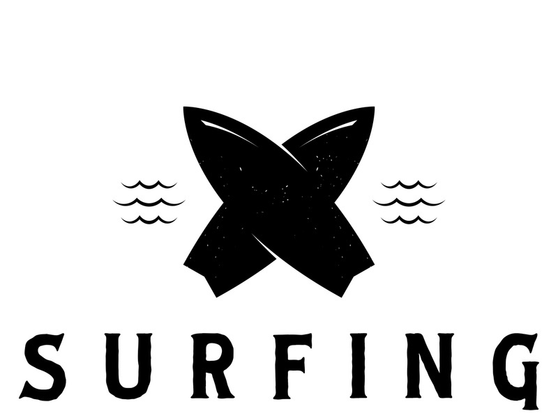 surfing logo with vintage paddle board beach waves, for business, sport, adventure, tourism, vacation