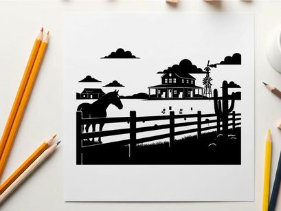 Rural landscape silhouette with horse and farmhouse