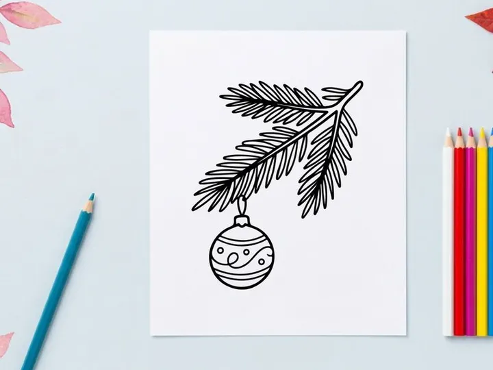 Christmas tree branch with hanging bauble ornament, black and white line art drawing.