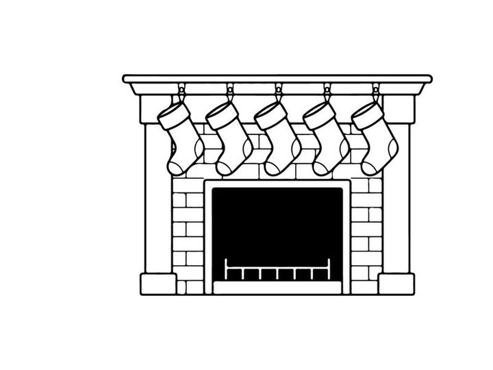 Line art illustration of a fireplace with hanging stockings