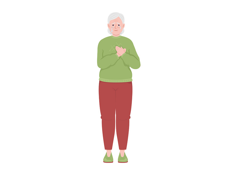 Crying old woman holding hand on heart semi flat color vector character