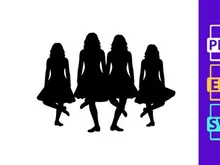 Four women walking in silhouette with flowing dresses at dusk