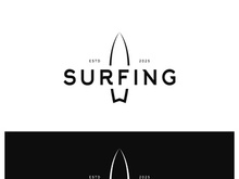 surfing logo with vintage paddle board beach waves, for business, sport, adventure, tourism, vacation