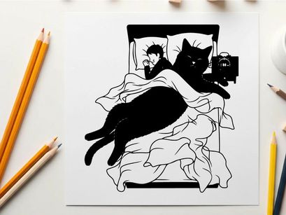 Black cat sleeping on a bed silhouette