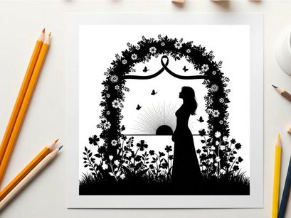 Romantic silhouette of woman standing before floral arch at sunset