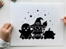 Halloween silhouette of cat ghost and jack o lantern under starry night