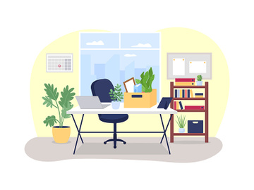 Workplace desk with box of stationery 2D vector web banner, poster preview picture